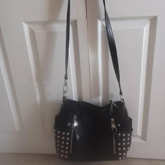 B.MAKOWSKY Leather+Suede Silver Stud Bag. 12 X 14 Animal Print Lining  LIKE NEW - Picture 2 of 11